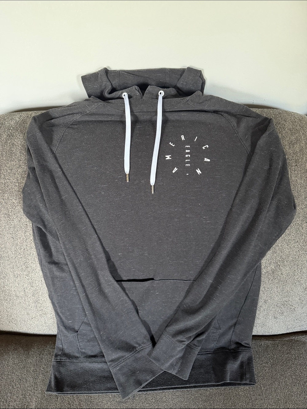 American Eagle Outfitters Men's Dark Charcoal Hoodie with White Drawstrings